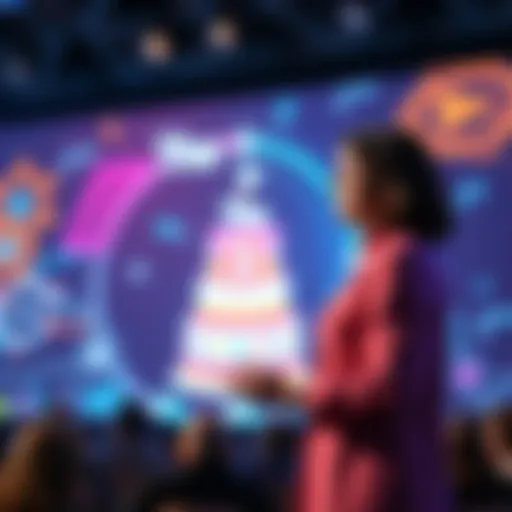 Nadine Chakar presents her concept 'The 3 Layer Cake' on stage at HederaCon 2026 with a backdrop of tech graphics