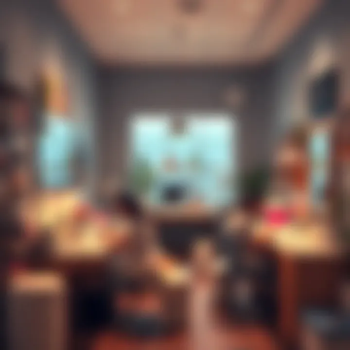 A welcoming nail salon with technicians providing nail treatments to clients in a cozy setting