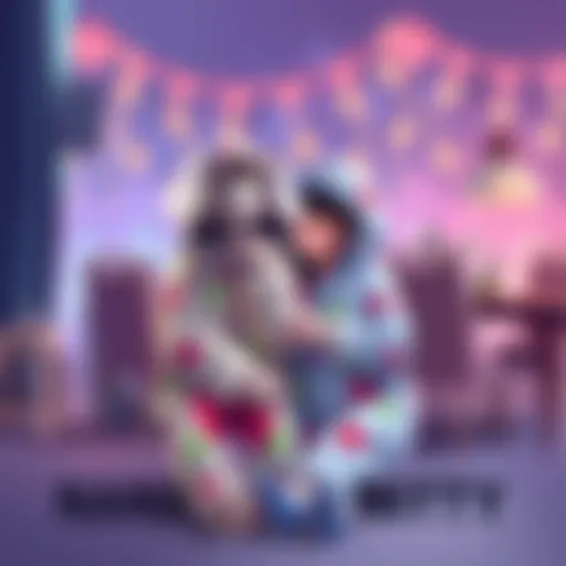 A drawing of NanaGOAT wearing a colorful onesie inspired by Mitty, depicting a playful and cozy scene that suggests a romantic connection between the two characters.