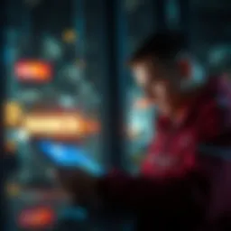 A visual representation of a person interacting with Nanos Wallet Agents on a digital device, showing features like earnings and wallet control.