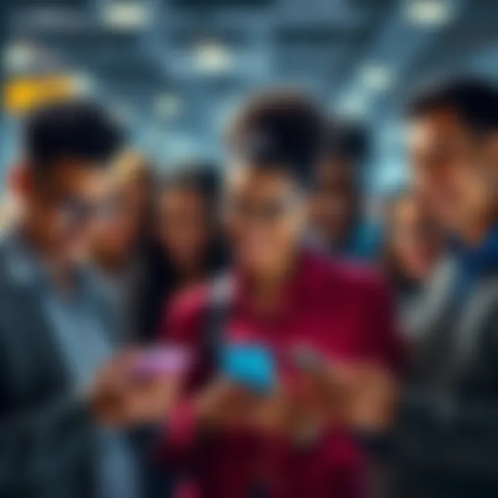 A diverse group of people smiling while using nanos wallet agents on their smartphones, showcasing ease of use and instant cash withdrawals.