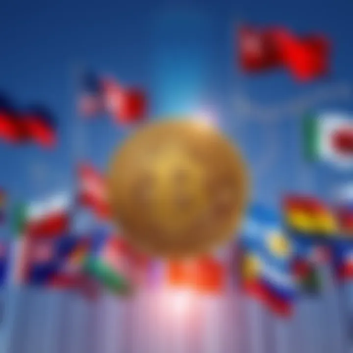A group of flags representing different countries surrounding a large Bitcoin symbol, symbolizing nations investing in cryptocurrency during a bear market.