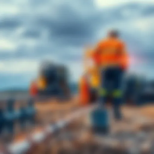 A setup of natural gas mining equipment in a field, with workers inspecting machinery and gas lines, showing the operations for extracting natural gas.