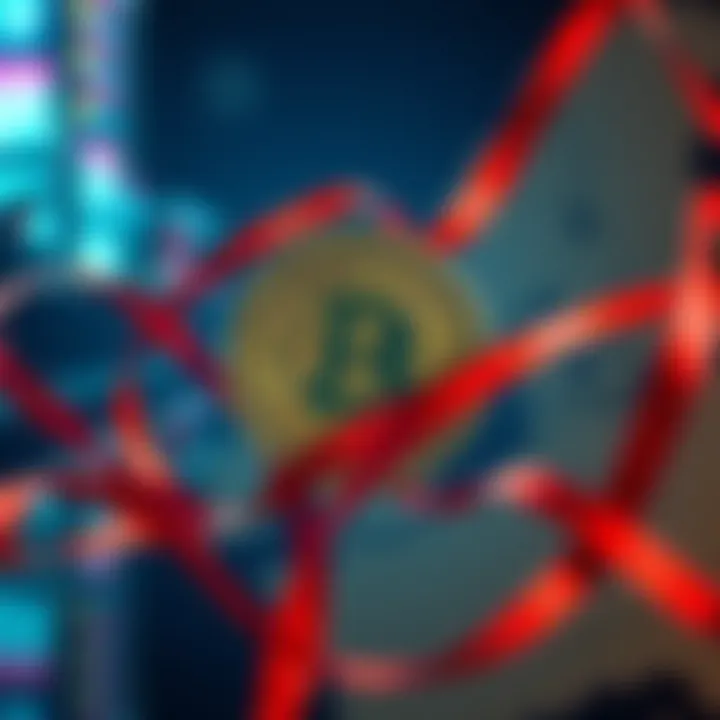 A visual representation of EU travel regulations impacting cryptocurrency, showcasing a BTC coin tangled in red tape