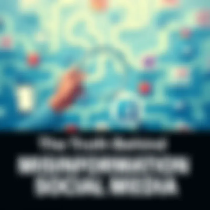 A thought-provoking illustration depicting the dangers of misinformation on social media, featuring a maze with icons of popular platforms and a magnifying glass searching for truth.