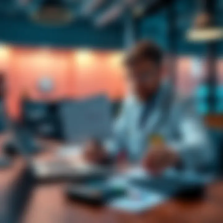 A tax expert analyzing Form 4684 on a laptop with charts and calculators in the foreground