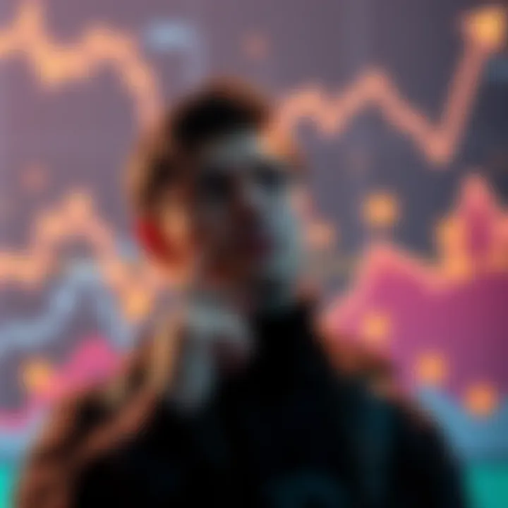 A person pondering cryptocurrency investments against a backdrop of rising graphs and digital coins.