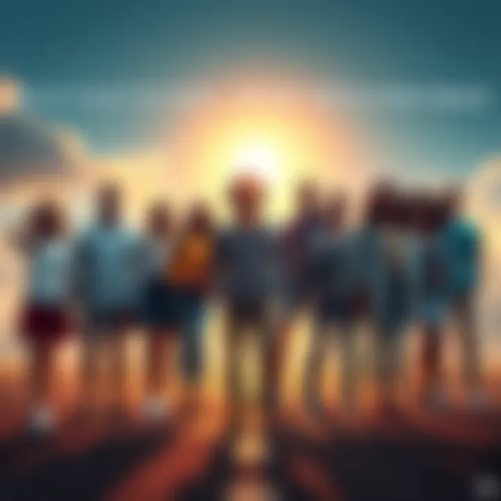 A diverse group of individuals standing at a crossroads, looking toward a bright future with hopeful expressions, symbolizing new journeys and opportunities.