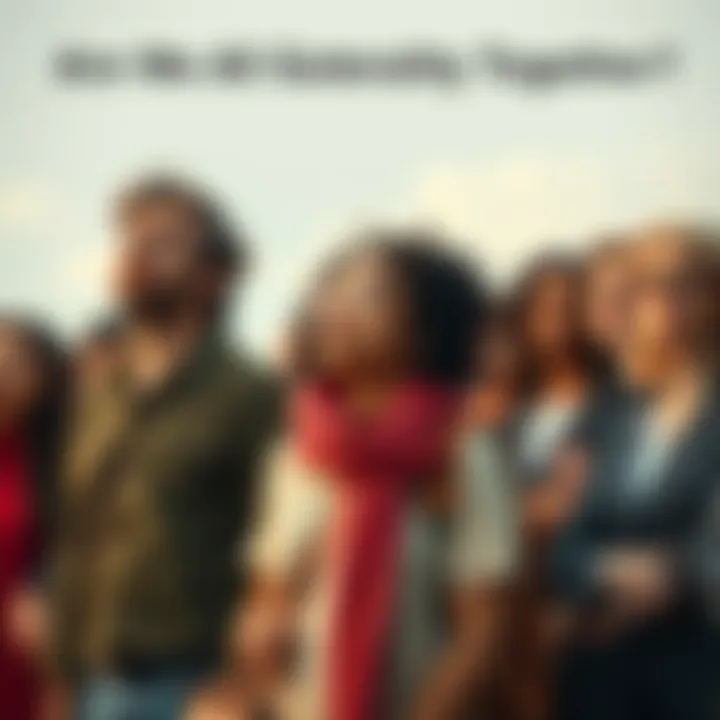 A diverse group of people standing together looking ahead with expressions of hope and concern