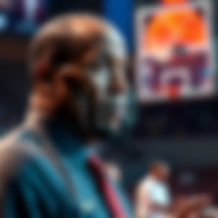 An NBA coach looks thoughtful while discussing missed Bitcoin opportunities, with basketball elements in the background.