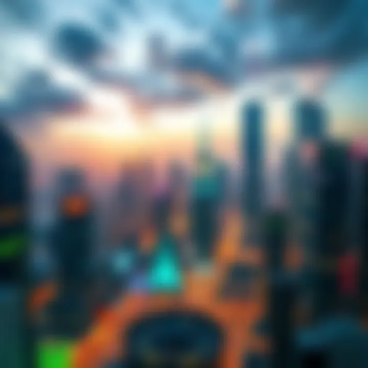 A futuristic city skyline with digital elements representing NEAR technology and artificial intelligence advancements.