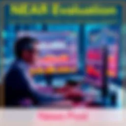 A financial analyst reviewing NEAR treasury figures at a desk, with graphs and charts showing market trends on a computer screen.