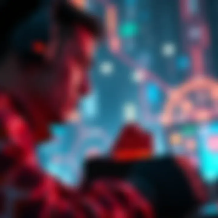 A user pondering over a Nebra device with a backdrop of technology and innovation