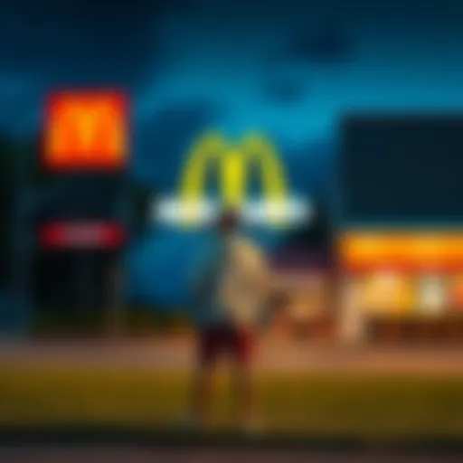 A neighbor stands with a McDonald's logo in the background, looking surprised after winning a land bid.