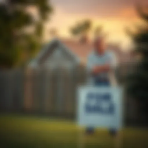 A frustrated homeowner stands with arms crossed, looking at a neighbor's fence encroaching on their property, with a 'For Sale' sign in the foreground.