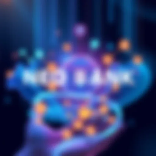 Illustration showing various neo bank platforms with digital currency symbols and features highlighted