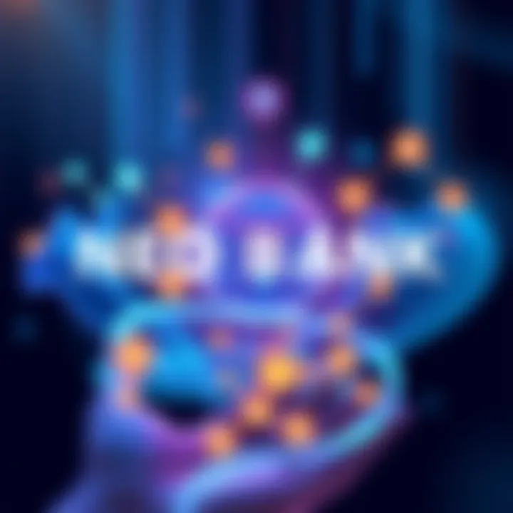 Illustration showing various neo bank platforms with digital currency symbols and features highlighted