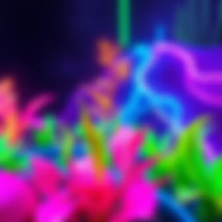 Bright neon plants blend with organic shapes in a digital environment, showcasing the fusion of nature and technology.
