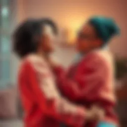 Two neurodivergent women smiling and hugging each other in a cozy setting, showcasing warmth and comfort.