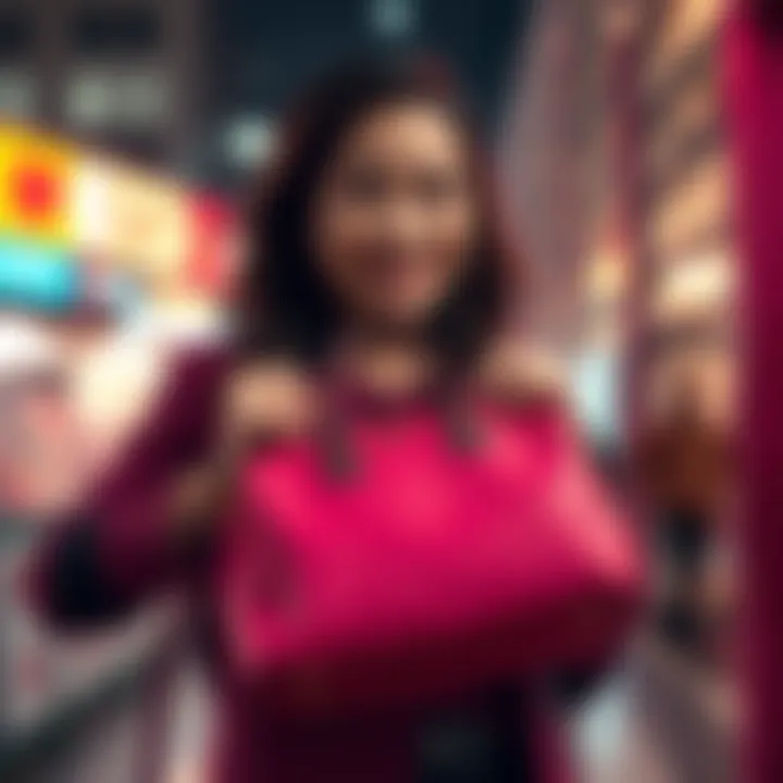 A person holding a stylish new handbag with a cheerful expression, showcasing the change in their bag style