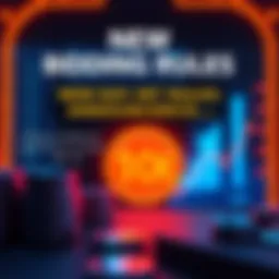 New Bidding Rules Announcement A graphic showing updated bidding rules highlighting the requirement of placing a token before the price reaches 10K, with visual elements of tokens and price charts.