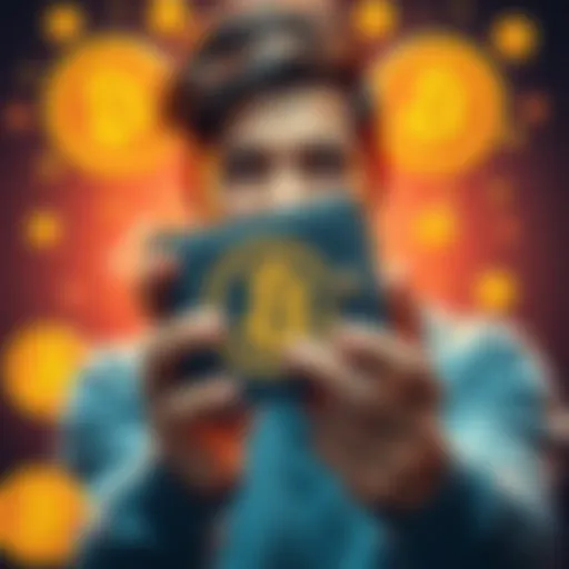A person holding a new cold wallet with a Bitcoin logo on it, excited to start dollar-cost averaging, surrounded by Bitcoin symbols and savings tools.