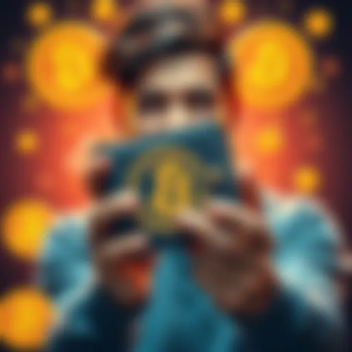 A person holding a new cold wallet with a Bitcoin logo on it, excited to start dollar-cost averaging, surrounded by Bitcoin symbols and savings tools.