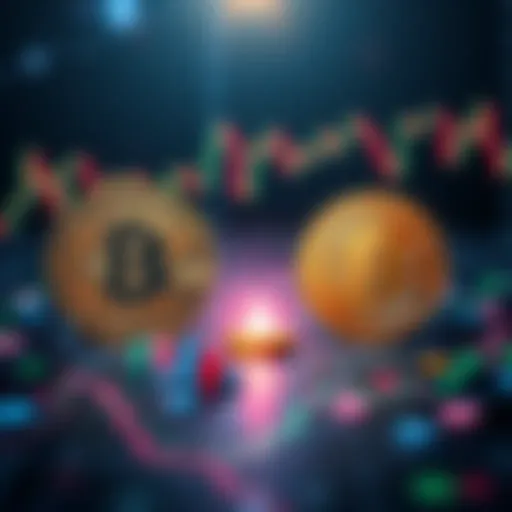 A graphic showing Bitcoin and a new cryptocurrency side by side, highlighting differences and trends in the market.