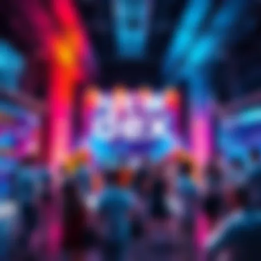 A vibrant graphic showing a decentralized exchange launch event, with people engaging and discussing in a modern digital setting.
