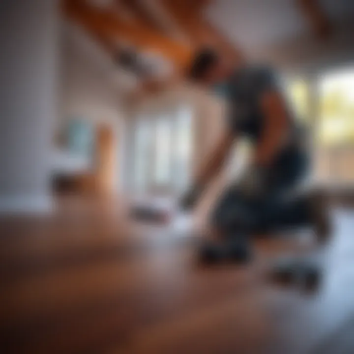 A contractor installing new laminate flooring in a home to replace water-damaged floors.