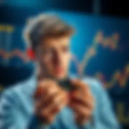 New Investor Concerned About Bitcoin Losses A worried first-time investor looks at a chart showing Bitcoin price declines while holding a small wallet containing a Bitcoin symbol.
