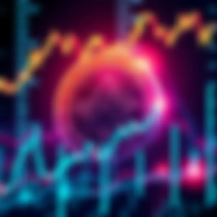 A graphic showing a futuristic digital coin representing the new Luna cryptocurrency, surrounded by fluctuating market charts and upward trends, symbolizing potential growth.