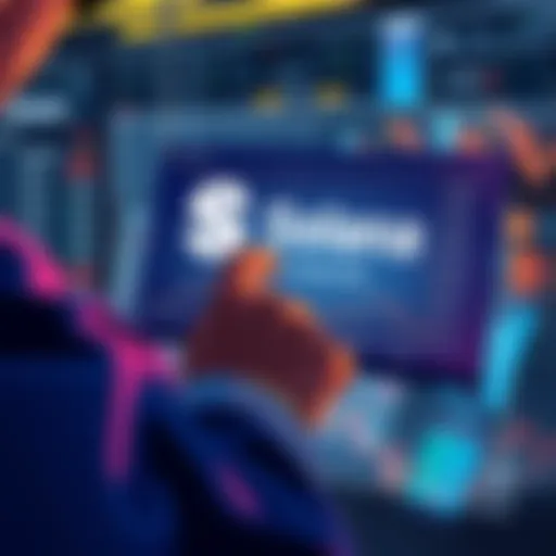 Illustration showing a person interacting with a digital screen displaying the Solana logo and a chart indicating earnings without slippage