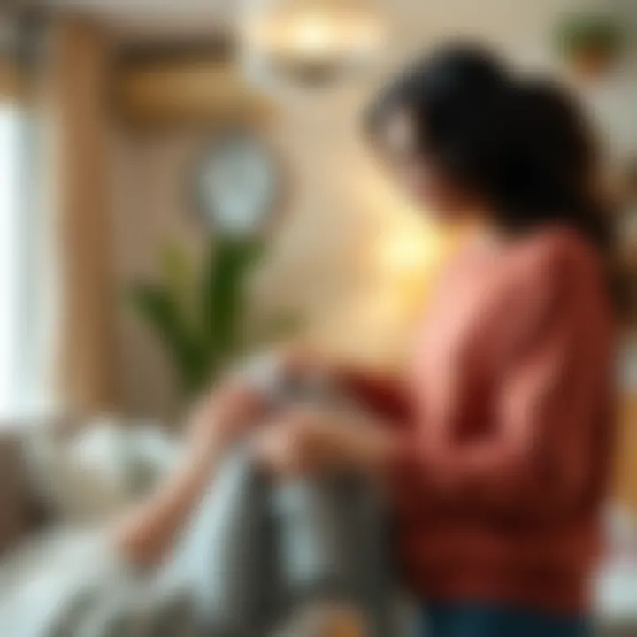 A couple discussing baby items with a family member, showing gratitude while declining hand-me-downs