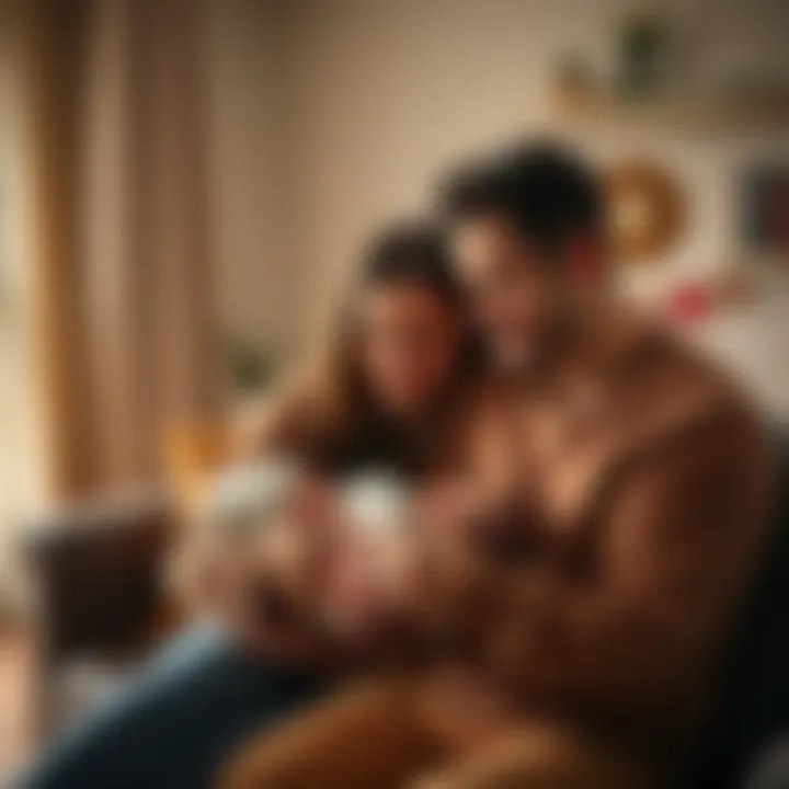 A joyful couple cradles their newborn baby in a cozy living room, showcasing love and warmth in their new family life.