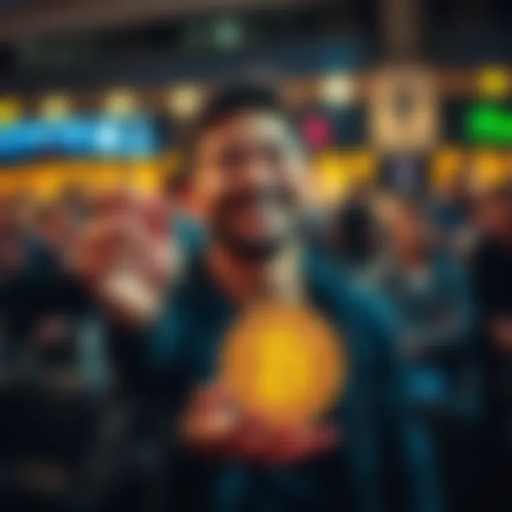 A person smiling while holding a Bitcoin symbol in their hand, representing the joy of buying their first cryptocurrency.