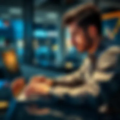 A new investor looking at Bitcoin trends on a laptop, with a graph indicating upward movement.