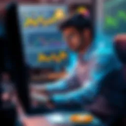 A new bitcoin investor sitting at a computer, engaging with cryptocurrency platforms and examining charts.