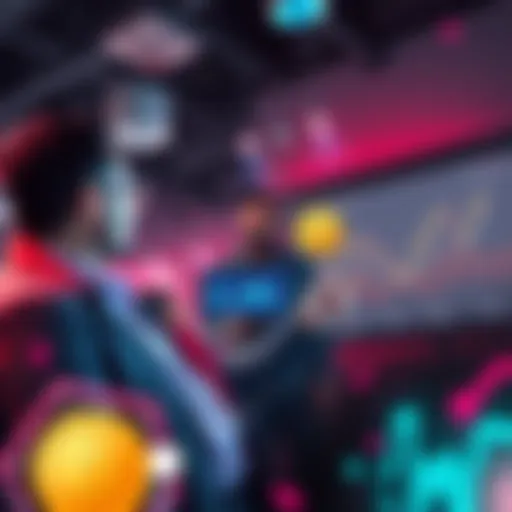 Investors discussing a new coin in a lively setting, showcasing charts and graphs on a screen