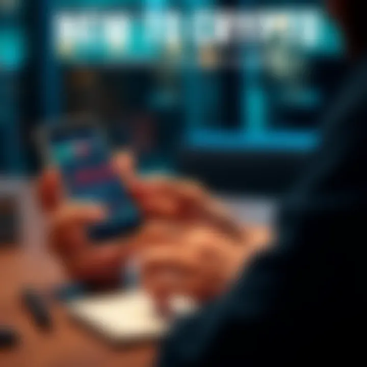 A person holding a phone displaying Bitcoin charts, looking curious about trading, with a notebook and pen on the table for notes.