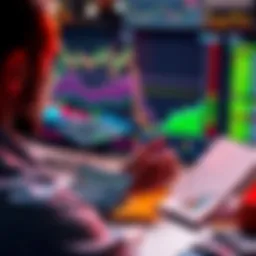 A person looking at cryptocurrency charts and coins with a calculator and budget notebook, contemplating their next investment moves.