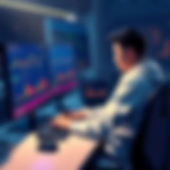 New Cryptocurrency Investor at Computer A person sitting at a desk, looking at a computer screen displaying cryptocurrency charts and Binance interface