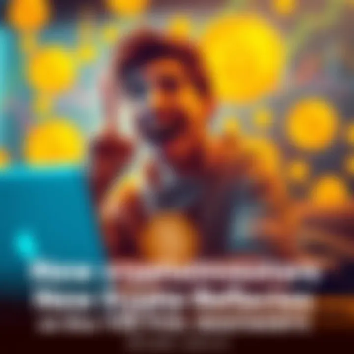 A young person with a laptop looking excited after buying Bitcoin for the first time, surrounded by Bitcoin symbols and charts