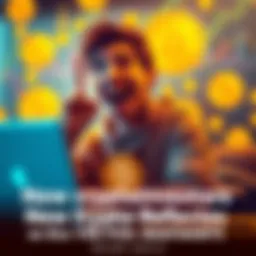 New Crypto Investor Celebrates First Bitcoin Purchase A young person with a laptop looking excited after buying Bitcoin for the first time, surrounded by Bitcoin symbols and charts