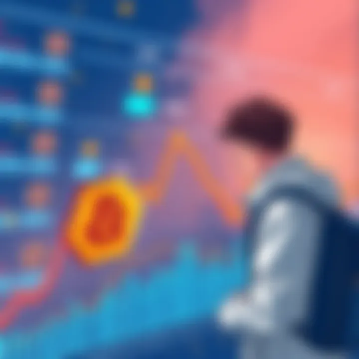 Illustration showing multiple cryptocurrency addresses with transactions and a worried user looking at a balance chart
