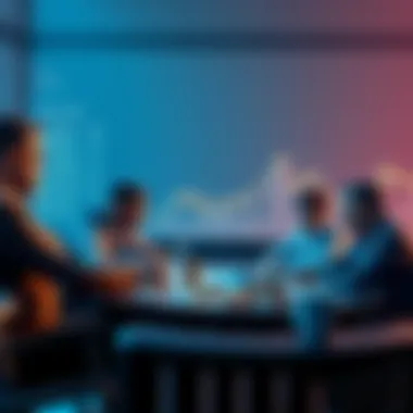 A group of investors discussing the importance of stricter standards for new cryptocurrencies, with charts and coins on the table