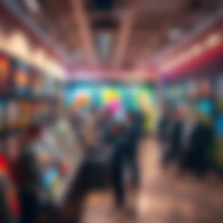 Artists showcasing their work in a vibrant new display area, filled with colorful art and creative displays.