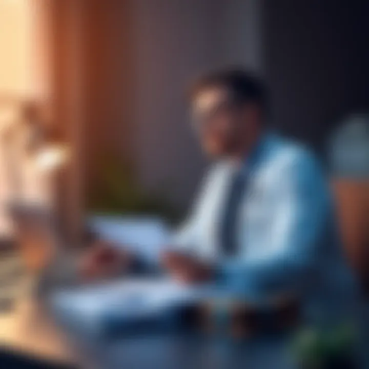 A recent medical graduate sits at a desk with financial documents and a laptop, contemplating investment options, including Bitcoin.