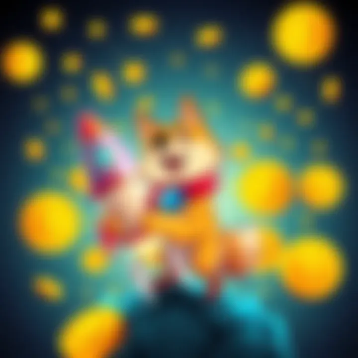 A stylish representation of New Doge led, featuring a cartoon dog with a space rocket, surrounded by digital currency symbols, reflecting excitement in the crypto community.
