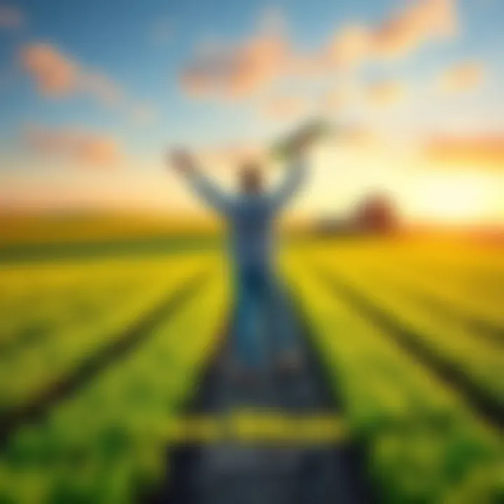 A person celebrating on their newly purchased farm with green fields and a farmhouse in the background